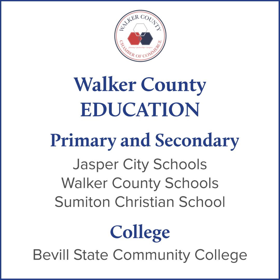 Walker County Education - Primary and Secondary: Jasper City Schools, Walker County Schools, Sumiton Christian School, College: Bevill State Community College